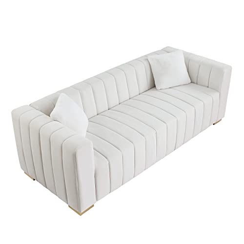 Familymill 87'' Modern Premium Velvet 3-Seater Sofa Couch with Metal Base Legs and 2 Pillows for Living Room/Bedroom, Ivory White