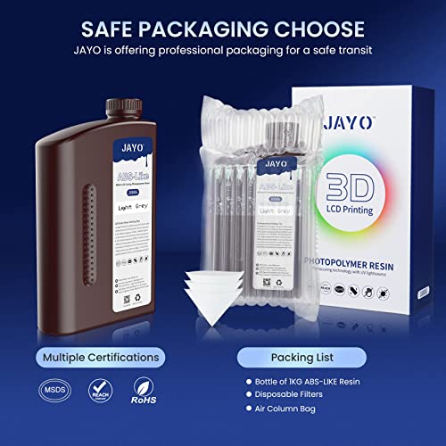 JAYO ABS-Like 3D Printer Resin, Drillable 405nm Rapid UV-Curing Photopolymer Resin with High Hardness and Toughness, Low Odor and Low Shrinkage Suitable for 2K 4K 6K 8K LCD 3D Printers, 2KG Gray
