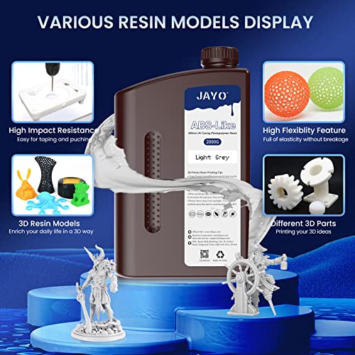 JAYO ABS-Like 3D Printer Resin, Drillable 405nm Rapid UV-Curing Photopolymer Resin with High Hardness and Toughness, Low Odor and Low Shrinkage Suitable for 2K 4K 6K 8K LCD 3D Printers, 2KG Gray