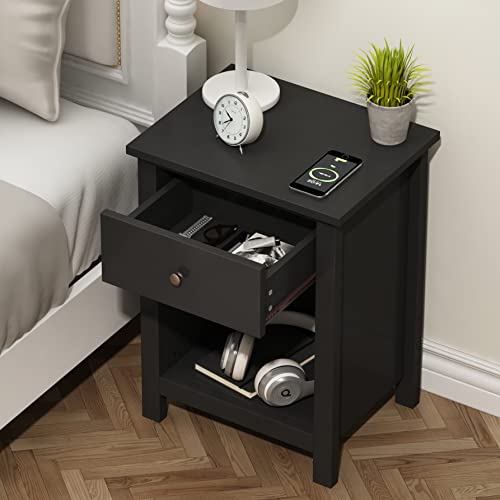 ChooChoo Nightstand Bedroom, Bedside Table with Drawer and Storage Cabinet, Black