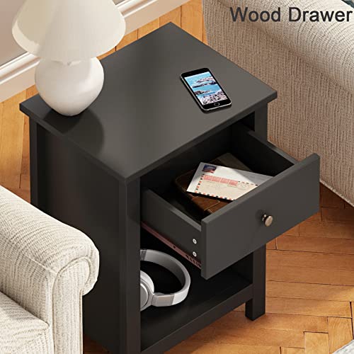 ChooChoo Nightstand Bedroom, Bedside Table with Drawer and Storage Cabinet, Black