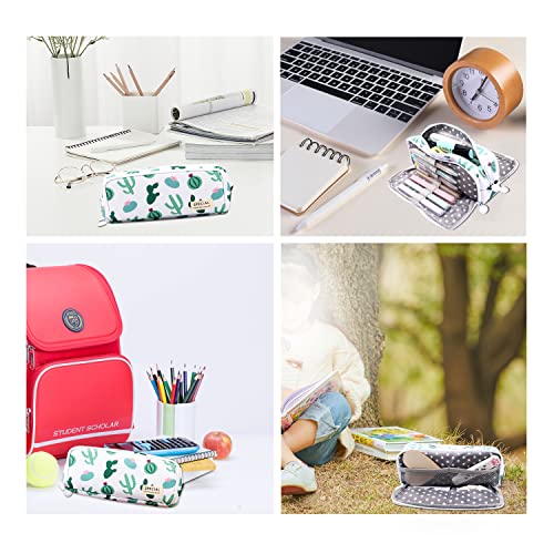 MAMUNU Big Capacity Pencil Pen Case, 3 Compartments Large Storage Canvas Pencil Pouch with Zipper, Green Cactus Design Aesthetic Pencil Pouch For Office School