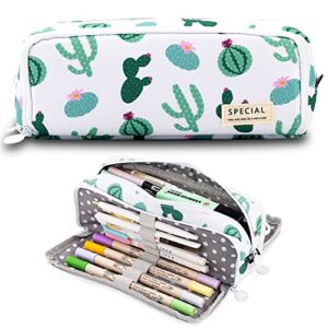 mamunu big capacity pencil pen case, 3 compartments large storage canvas pencil pouch with zipper, green cactus design aesthetic pencil pouch for office school