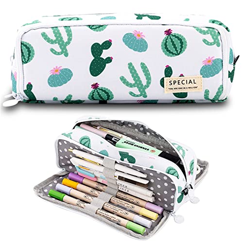 MAMUNU Big Capacity Pencil Pen Case, 3 Compartments Large Storage Canvas Pencil Pouch with Zipper, Green Cactus Design Aesthetic Pencil Pouch For Office School