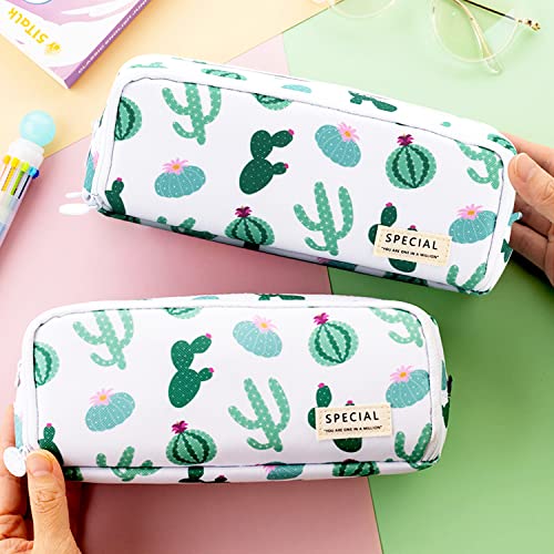 MAMUNU Big Capacity Pencil Pen Case, 3 Compartments Large Storage Canvas Pencil Pouch with Zipper, Green Cactus Design Aesthetic Pencil Pouch For Office School