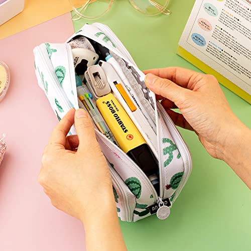 MAMUNU Big Capacity Pencil Pen Case, 3 Compartments Large Storage Canvas Pencil Pouch with Zipper, Green Cactus Design Aesthetic Pencil Pouch For Office School