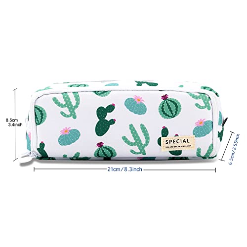 MAMUNU Big Capacity Pencil Pen Case, 3 Compartments Large Storage Canvas Pencil Pouch with Zipper, Green Cactus Design Aesthetic Pencil Pouch For Office School