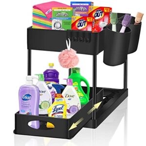 waycom under sink organizer with sliding storage drawer, 2-tier sliding cabinet basket organizer shelf with 2 hanging cups and 4 hooks organizer shelf storage baskets under sink racks for bathroom