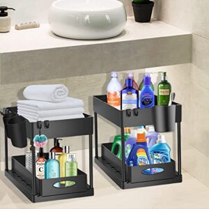 WAYCOM Under Sink Organizer with Sliding Storage Drawer, 2-Tier Sliding Cabinet Basket Organizer Shelf with 2 Hanging Cups and 4 Hooks Organizer Shelf Storage Baskets Under Sink Racks for Bathroom