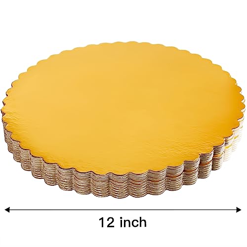 25-Pack 12 inch Sturdy Round Cake Boards, Gold Cardboard Cake Circles Plate Scalloped Base,Pack of 25