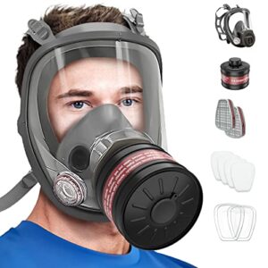 mygcca full face respirator - gas respirator with 40mm gas filter canister and organic vapor 6001 filter for industrial gas, chemical handling, polishing, welding, spraying painting fumes, survival