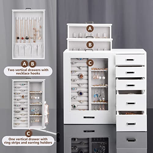 Homde Large Jewelry Box/Organizer/Case with Glass Window, Drawers for Necklaces Earrings Rings Bracelets Watches Gift for Women Girls (White+Grey)