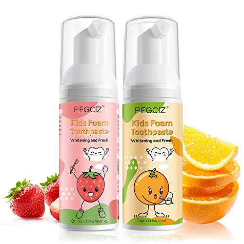 Foam Toothpaste Kids, Children Whitening Toothpaste with Low Fluoride & Natural Formula to Reduce Plaque, Toddler Foaming Toothpaste for U Shaped Toothbrush for Kids Ages 3 and Up (Strawberry&Orange)