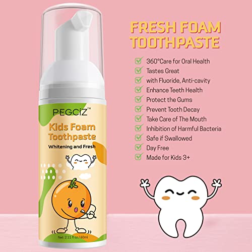 Foam Toothpaste Kids, Children Whitening Toothpaste with Low Fluoride & Natural Formula to Reduce Plaque, Toddler Foaming Toothpaste for U Shaped Toothbrush for Kids Ages 3 and Up (Strawberry&Orange)