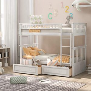 glorhome twin over twin wood convertible bunk bed with storage drawers and full length safety guard rails,space saving bedroom furniture, can be converted into 2 beds