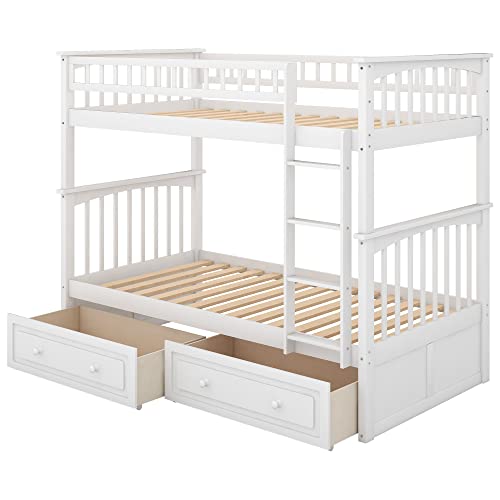 GLORHOME Twin Over Twin Wood Convertible Bunk Bed with Storage Drawers and Full Length Safety Guard Rails,Space Saving Bedroom Furniture, Can Be Converted into 2 Beds