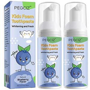 foam toothpaste kids, children whitening toothpaste with low fluoride & natural formula to reduce plaque, toddler foaming toothpaste for u shaped toothbrush for kids ages 3 and up (blueberry)