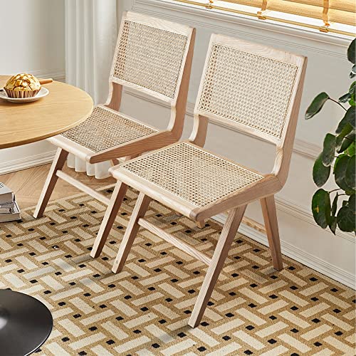 Way2Furn Rattan Chair Set of 2, Cane Dining Chair, No Installation Required, Mid Century Modern Chair for Living Room, Kitchen, Dining Room, Yard, Study Room, Teahouse, Hotel, B&B (Natural Color)