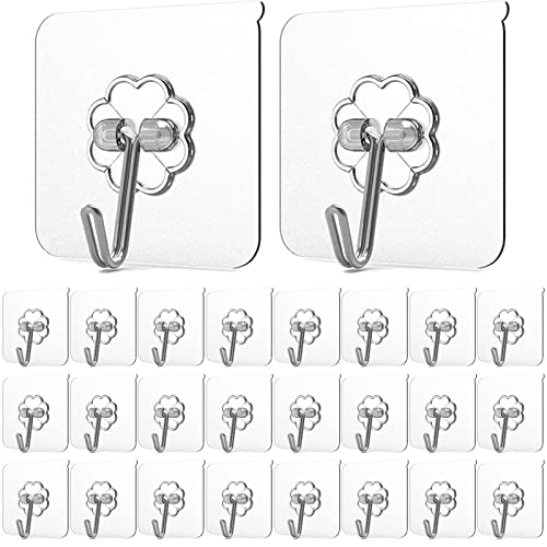 SIAWASE Adhesive Hooks, 22lb(MAX)Heavy Duty Transparent Wall Hooks,Nail Free Sticky with Stainless Hooks,Waterproof,Suitable for Kitchen,Bathroom,Home and Office-24PCS