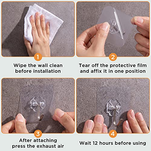 SIAWASE Adhesive Hooks, 22lb(MAX)Heavy Duty Transparent Wall Hooks,Nail Free Sticky with Stainless Hooks,Waterproof,Suitable for Kitchen,Bathroom,Home and Office-24PCS