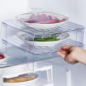 refrigerator organizer shelf, fridge stackable storage rack 2 pack, clear multilayer container for bowls and plates, freezer, kitchen storage, cabinet, pantry