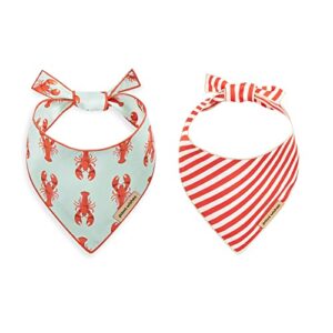 paws wishes dog bandana 2 pack, american lobster and coral stripes set holiday in maine, pet friendly design, hair and water resistant, adjustable dog scarf for small boy girl dog