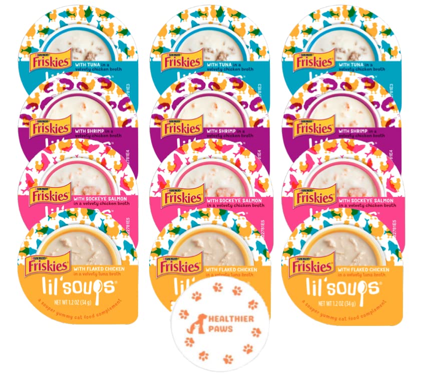 Lil' Soups Mixup 4 Flavors Wet Cat Food/Treats 1.2 oz (3 of Each) Total of 12 Pieces with Healthier Paws Sticker