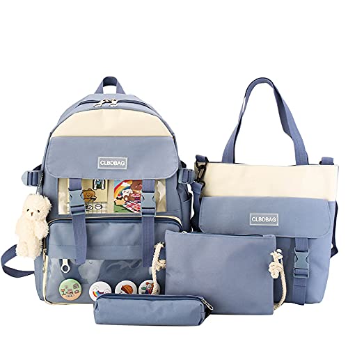 Timtram Cute Kawaii Canvas Backpack 4Pcs Set, Backpack, Pencil Pouch, Shoulder Bag, Lunch Bag, for Girls Boys, Give away bear pendant, cards, badges (Blue)