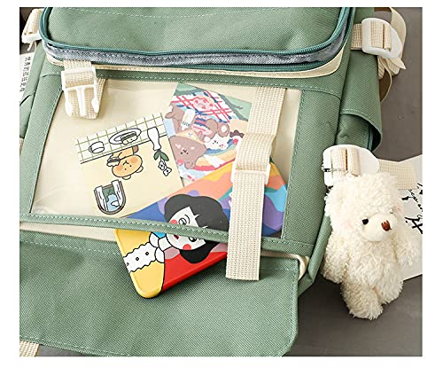 Timtram Cute Kawaii Canvas Backpack 4Pcs Set, Backpack, Pencil Pouch, Shoulder Bag, Lunch Bag, for Girls Boys, Give away bear pendant, cards, badges (Blue)