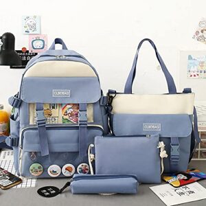 Timtram Cute Kawaii Canvas Backpack 4Pcs Set, Backpack, Pencil Pouch, Shoulder Bag, Lunch Bag, for Girls Boys, Give away bear pendant, cards, badges (Blue)