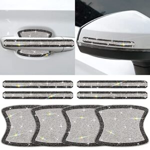 8pcs car door handle bling rhinestones stickers universal auto door handle scratch cover guard protective film pad with safety reflective strips (black & sliver set)