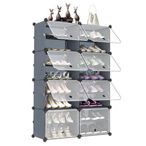 unzipe shoe rack for entryway, 8 cube 16-tier shoe storage cabinet 32 pairs plastic freestanding shoe organizer diy for entryway hallway closet or bedroom, dark grey