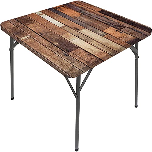 Wooden Square Table cove, Rustic Floor Planks Print Look Farm House Country Style Walnut Oak Grain Image, Elastic edge, Can wipe indoor/outdoor dining table cover, Fit for 32"x32" square table Brown