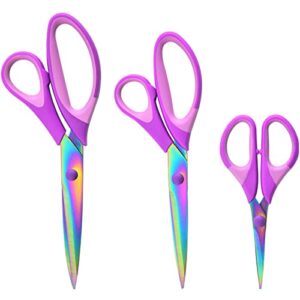 fabric scissors, 3 pcs sewing scissors all purpose, purple handle colorful titanium plating sharp fabric scissors for office, craft scissors by missraza