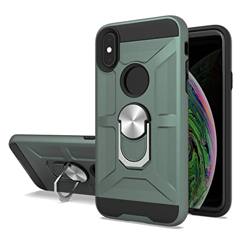 Compatible with iPhone X/XS Case with Ring Stand Tough Rugged Lightweight Slim Shockproof Anti-Fall TPU + PC Protective Phone Cover for iPhone X/XS Protective Case Support Magnetic Car Mount（Green）