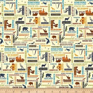 riley blake national parks word, text and icon print cream, quilting, apparel and home decor fabric (2 yards) 72" x 43"