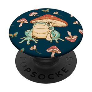 cute cottagecore frog mushroom petrol blue vintage pattern popsockets swappable popgrip