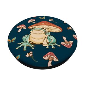 Cute Cottagecore Frog Mushroom Petrol Blue Vintage Pattern PopSockets Swappable PopGrip