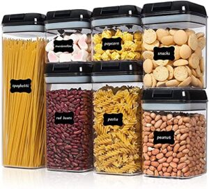 airtight food container - 7 pc bpa free plastic food storage containers with easy lock lids - stackable sugar, flour, cereal & beans containers with labels & marker included (lid black)