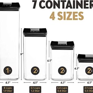 Airtight Food Container - 7 PC BPA Free Plastic Food Storage Containers with Easy Lock Lids - Stackable Sugar, Flour, Cereal & Beans Containers with Labels & Marker included (Lid Black)