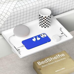bedshelfie bedside shelf for bed & top bunk- college dorm room essentials, loft bed accessories, clip on nightstand snack organizer, floating bed side table tray shelfie caddy - cable catch, white