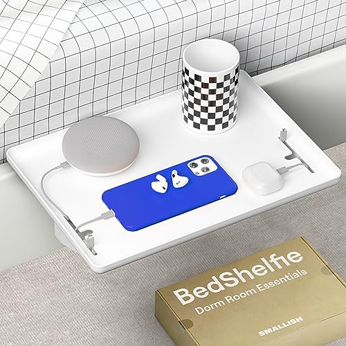 BedShelfie Bedside Shelf for Bed & Top Bunk- College Dorm Room Essentials, Loft Bed Accessories, Clip On Nightstand Snack Organizer, Floating Bed Side Table Tray Shelfie Caddy - Cable Catch, White