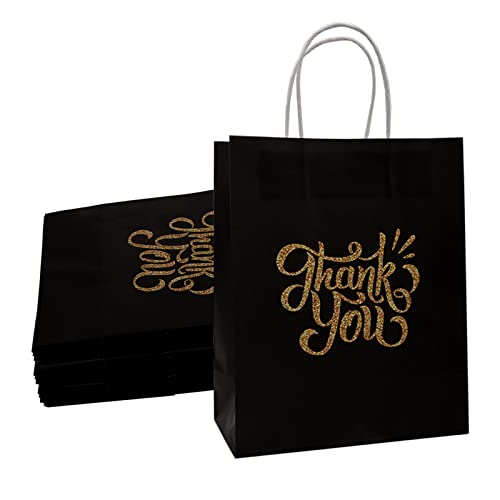 ECOHOLA Thank You Gift Bags with Handles, 25pcs Black Thank You Party Favor Bags,Thanks Kraft Paper Gift Bags for Weddings,Holiday Presents,Shopping,Birthdays,Baby Shower,Medium Size 10'(H) x8'(L) x4'(D)