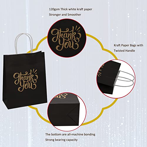 ECOHOLA Thank You Gift Bags with Handles, 25pcs Black Thank You Party Favor Bags,Thanks Kraft Paper Gift Bags for Weddings,Holiday Presents,Shopping,Birthdays,Baby Shower,Medium Size 10'(H) x8'(L) x4'(D)