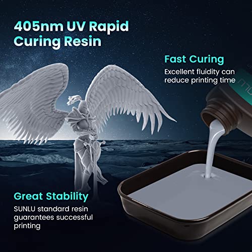 SUNLU 3D Printer Resin 1KG, 405nm UV Curing Standard Photopolymer Rapid Resin for 4K/8K LCD/DLP/SLA 3D Printing, High Precision, Low Shrinkage, Grey 1000g