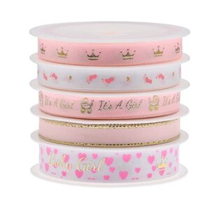 laribbons 5 rolls baby girl light pink craft ribbon, 5 yards/roll, total 25 yards - perfect for baby shower, birthday, gift wrapping, party decoration