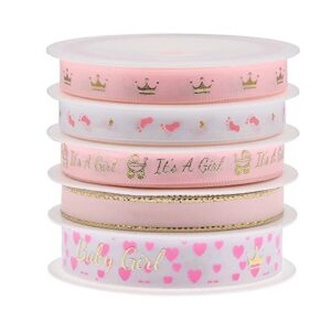 LaRibbons 5 Rolls Baby Girl Light Pink Craft Ribbon, 5 Yards/Roll, Total 25 Yards - Perfect for Baby Shower, Birthday, Gift Wrapping, Party Decoration