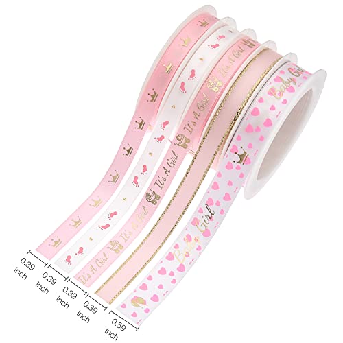 LaRibbons 5 Rolls Baby Girl Light Pink Craft Ribbon, 5 Yards/Roll, Total 25 Yards - Perfect for Baby Shower, Birthday, Gift Wrapping, Party Decoration