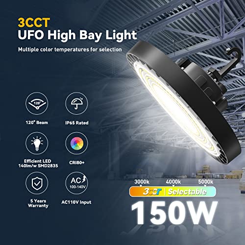 VANoopee 3-Color UFO LED High Bay Light 150W 3000K 4000K 5000K High Bay LED Light Bright Commercial Bay Lighting for Warehouse Workshop Barn Gym - 5' Cable with Plug, IP65 21000lm(600W MH/HPS Eqv.)