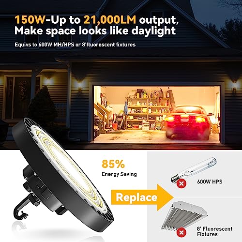 VANoopee 3-Color UFO LED High Bay Light 150W 3000K 4000K 5000K High Bay LED Light Bright Commercial Bay Lighting for Warehouse Workshop Barn Gym - 5' Cable with Plug, IP65 21000lm(600W MH/HPS Eqv.)